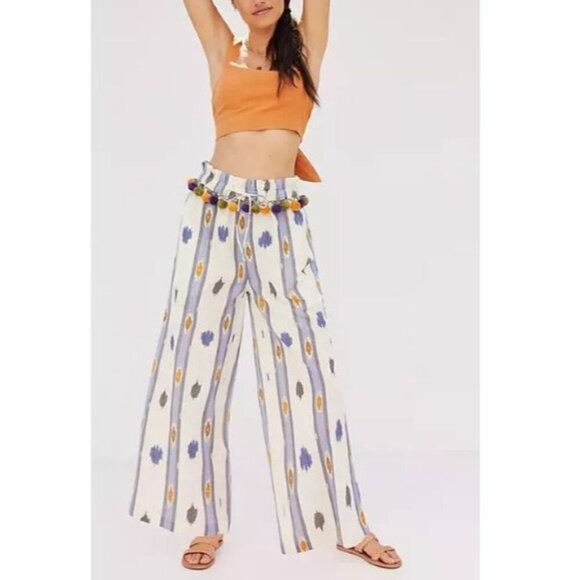 Ollari Women's Multicolor Wide-Leg Pants Pom Pom Accent Drawstring Size M (CJ-1) - Picture 1 of 14